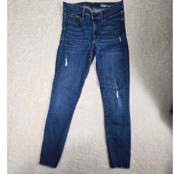 Gap 1969 Denim Jeans Womens 28 Tall Distressed Raw Hem Dark Wash Skinny - Picture 1 of 7